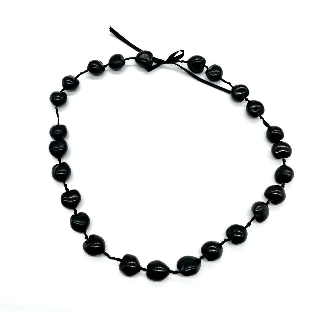Vintage Genuine Kukui Nut Necklace Black Hawaiian Lei Ribbon Wedding Graduation